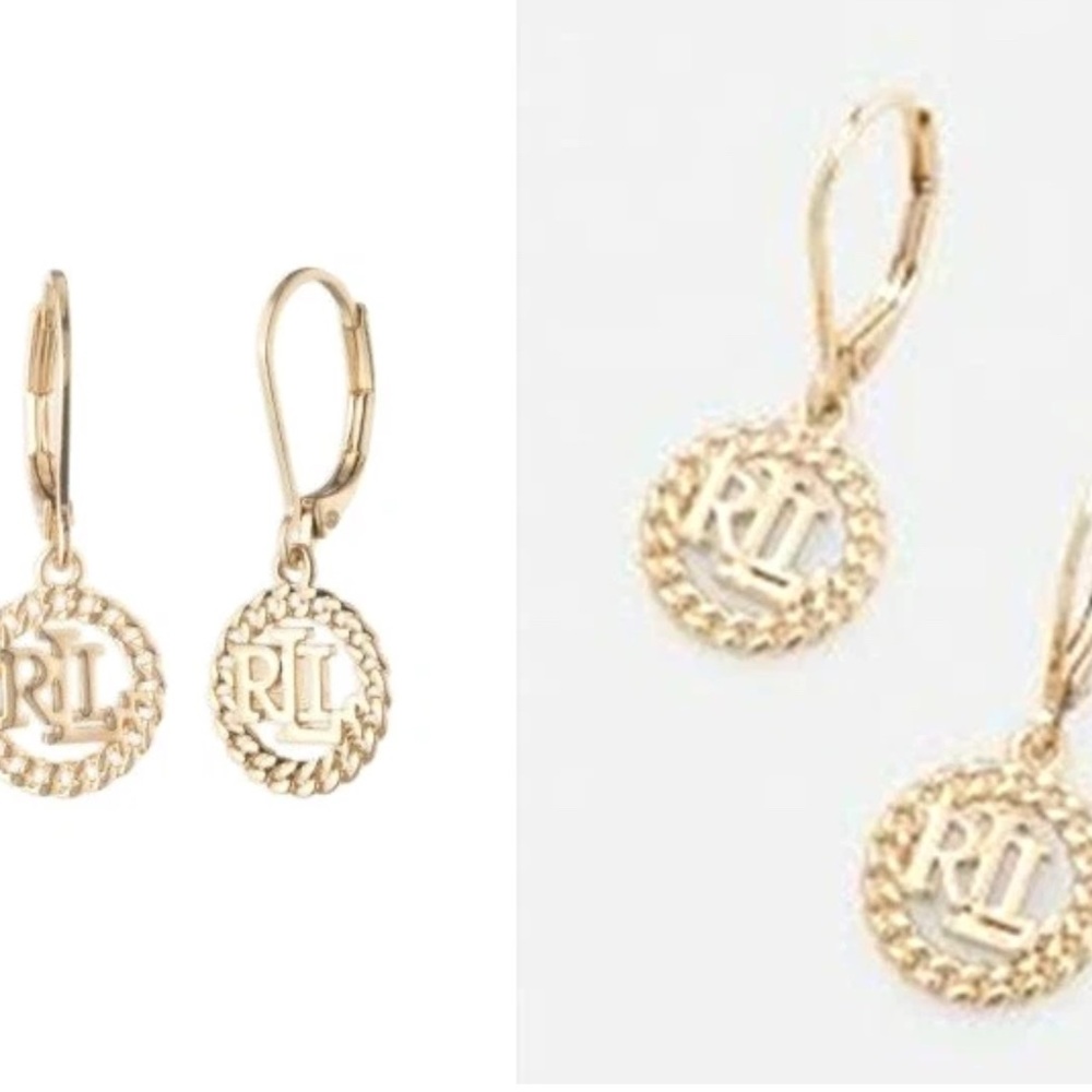 💖NEW RALPH LAUREN GOLD TONE SIGNATURE CUT OUT LEVER BACK DROP EARRINGS. - Picture 4 of 5